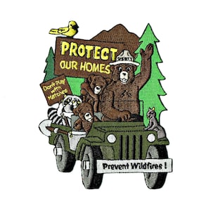 Official SMOKEY BEAR - Jeep - Protect Our Homes - Iron-On - Embroidered Patch - Gift for Him Her Boyfriend Girlfriend - Outdoor Nature - NEW