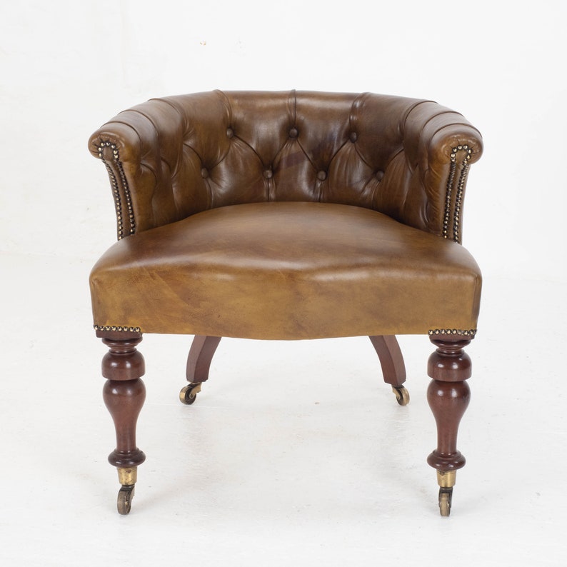 Victorian Captains Leather & Mahogany Desk / Tub Chair Armchair C1890 image 2