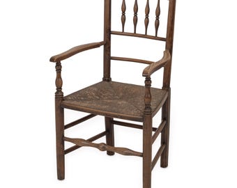 Exceptional Early 19th Century English Country Elm & Ash Rush-Seated Armchair, c.1820–1840