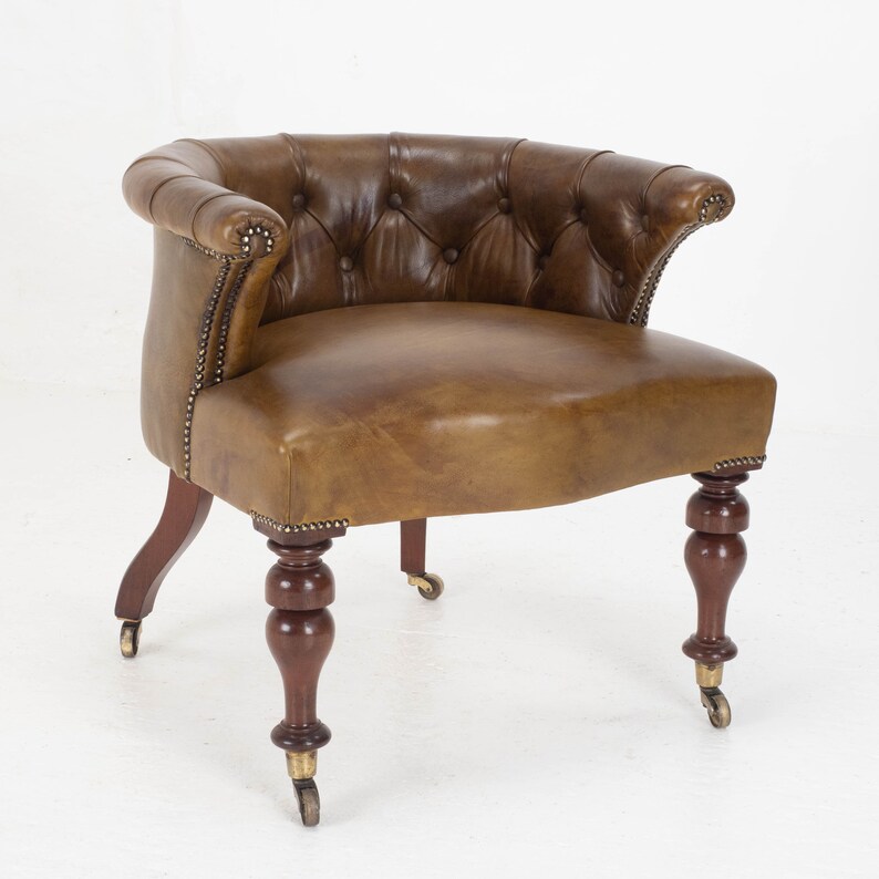 Victorian Captains Leather & Mahogany Desk / Tub Chair Armchair C1890 image 6
