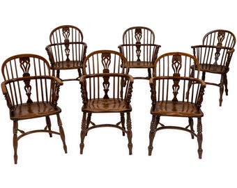 Matched Set of Six Early 19th Century English Yew & Elm Windsor Armchairs with Crinoline Stretchers, c.1820–1840