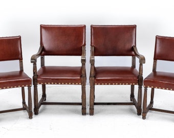 Oak & Leather Upholstered Set of 4 Cromwellian C17th Dining Chairs and Carvers