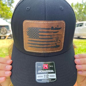 Fishing Patriotic Trucker Hat, Richardson Hat with Leather Patch for Fisherman