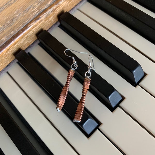 Piano String Earrings, Hammered & Twisted bass clef piano string earrings, Copper reclaimed piano earrings, pianist or piano teacher gift