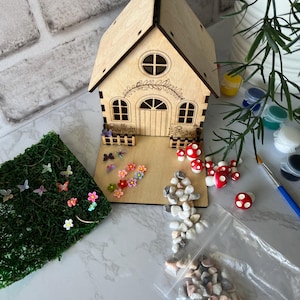 Kit for Fairy House and Garden area, Laser cut Fairy Cottage DIY gift bundle with paint, butterflies, mushrooms, rocks, moss, flowers