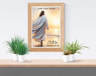 Youth theme 2025 Look unto Christ Print of Jesus Walking on the Beach looking into the Sunset for prints in sizes 5x7, 8x10, 16x20, & 20x24.