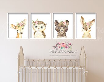 Blush Woodland Animal Set / Printable Nursery Art / Boho Nursery Decor / Baby Girl Wall Art / Girl Room DIY Prints / Blush Pink Flowers