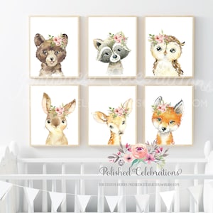Blush Woodland Animals Set / Printable Nursery Art / Boho Girl Wall Art / Baby Girl Nursery Prints / Blush Pink Flowers / Girl Bedroom Art
