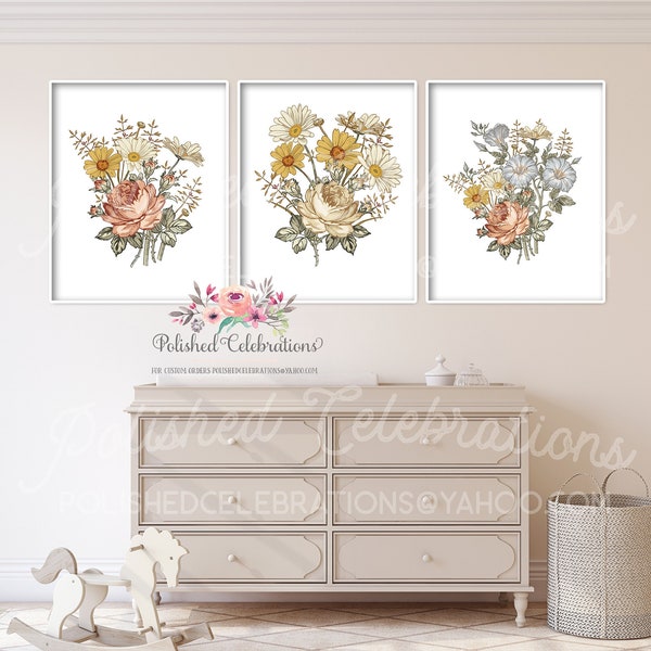 Boho Vintage Nursery Wall Art / Printable Nursery Art / Baby Girl Nursery Decor / Mod Floral DIY Prints / Retro Vintage Flower Nursery Art