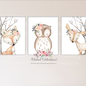 Boho Woodland Animal Set / Printable Nursery Décor / Blush Pink Grey Wall Art / Tribal Headband Prints / Baby Girl Nursery Art / Bedroom