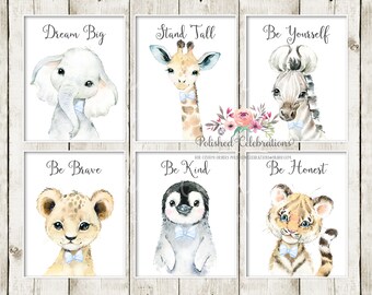 Safari Animal Nursery Art / Set of 6 Safari Nursery Printables / Zoo Animals Prints / Baby Boy Nursery Décor / Gender Neutral Wall Art / Bow