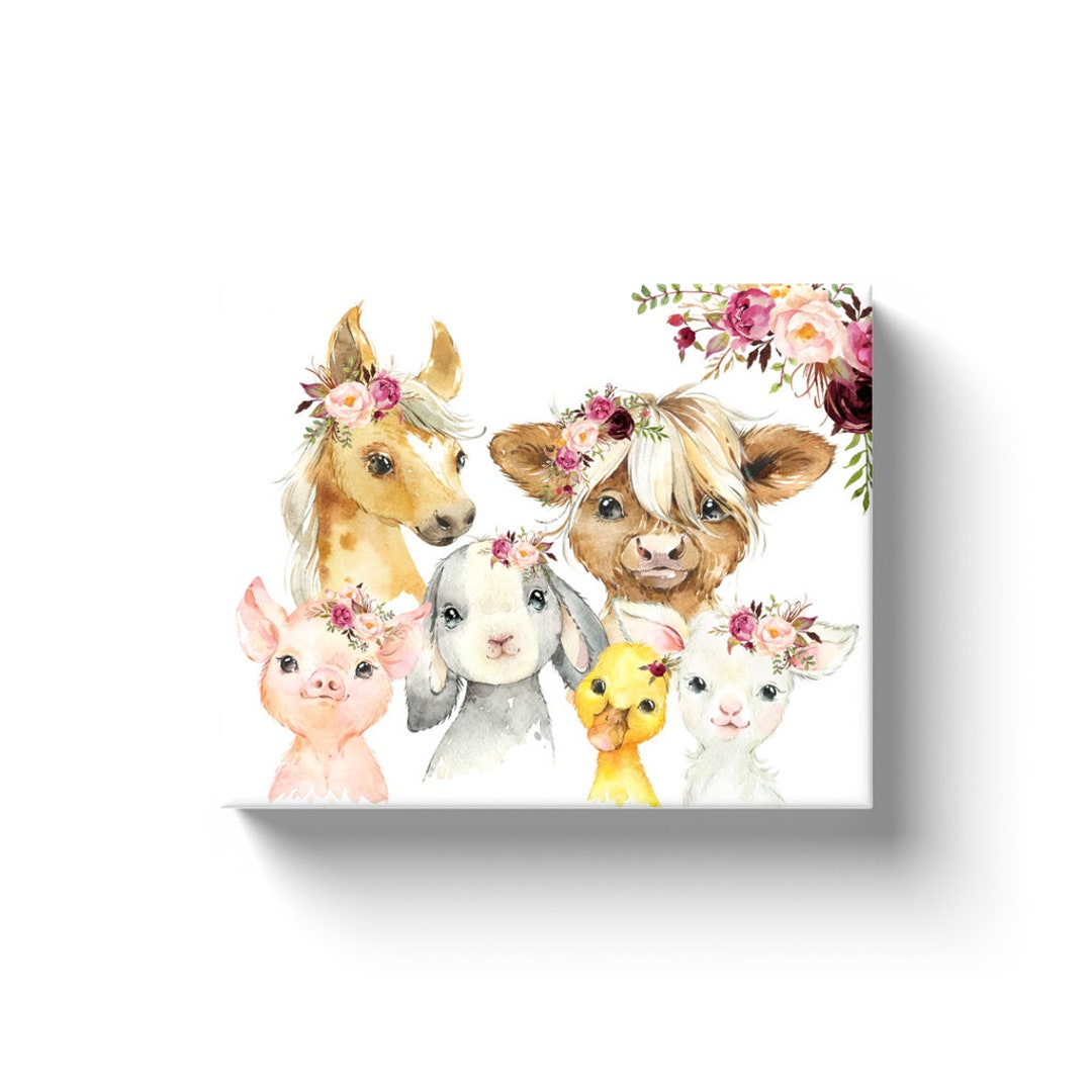 Boho Farm Animal Canvas Print Wrap / Blush Pink Maroon Etsy