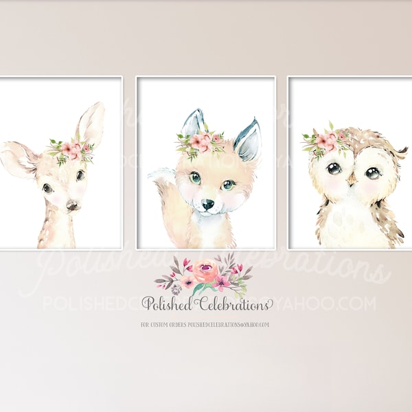 Boho Woodland Animal Set of 3 / Printable Nursery Art / Baby Girl Nursery Decor / Blush Pink Flowers / Bohemian Girl Bedroom DIY Prints