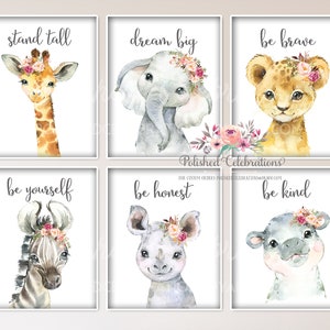 Arte de berçário de animais Boho Blush Safari / Conjunto de 6 para berçário para impressão / Estampas DIY de animais de zoológico / Decoração de berçário de flores rosa / Berçário de meninas