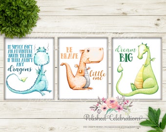 Dragon Animal Nursery Art / Nursery Decor Prints / Baby Boy Nursery / Blue Green Orange Dragons / Girl Nursery Wall Decor / Gender Neutral