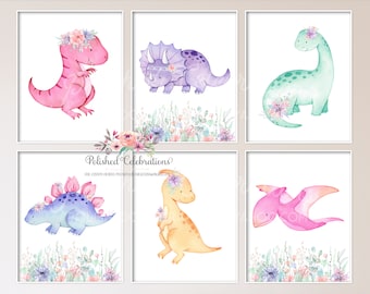 Girl Dinosaur Prints / Baby Girl Nursery Art / Pink Purple Dinosaurs / Girl Dino Wall Decor / Watercolor Floral Dino Set / Square Prints