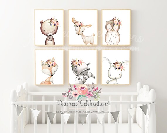 Art & Collectibles Blush Pink Flowers Deer Baby Girl Nursery DIY Prints ...
