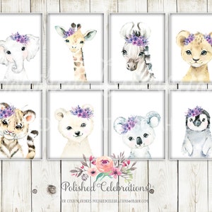 Purple Blush Safari Animal Nursery Art / Printable Nursery Set of 8 / Zoo Animals / Lavender Flower Nursery Decor / Baby Girl Nursery Prints