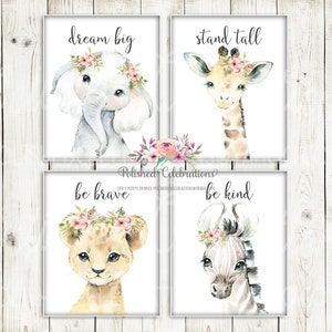 Blush Safari Animal Nursery Art / Printable Set of 4 Safari Nursery DIY Prints / Zoo Animals / Pink Flower Nursery Décor / Baby Girl Nursery