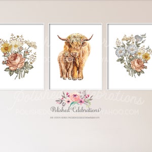 Boho Vintage Highland Cow Calf Nursery Wall Art / Printable Nursery Art / Baby Girl Nursery Decor DIY Prints / Retro Farm Flower Nursery Art