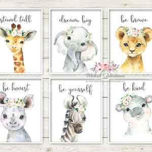 Blush Safari Animal Nursery Art / Conjunto de 6 impressões para impressão DIY Safari Nursery / Animais do zoológico / Decoração de berçário de flores rosa / Berçário de menina