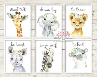 Blush Safari Animal Nursery Art / Set of 6 Safari Nursery DIY Printable Prints / Zoo Animals / Pink Flower Nursery Decor / Baby Girl Nursery