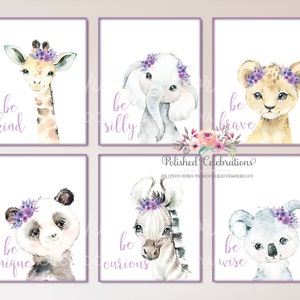 Art animalier Safari Blush lavande / Lot de 6 impressions imprimables pour chambre de bébé Safari / Animaux de zoo / Décoration de chambre de bébé fleur violette / Chambre de bébé fille