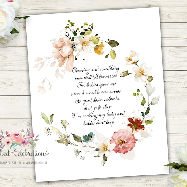 Cleaning and Scrubbing Poem / Printable Verse Wall Art / Boho Floral Scripture DIY Print / Baptism Gift / Baby Girl Nursery Decor / New Baby