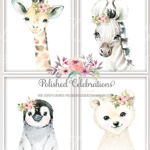 May include: Four watercolor illustrations of animals wearing flower crowns. A giraffe, zebra, penguin, and polar bear are featured. The illustrations are on a white background.