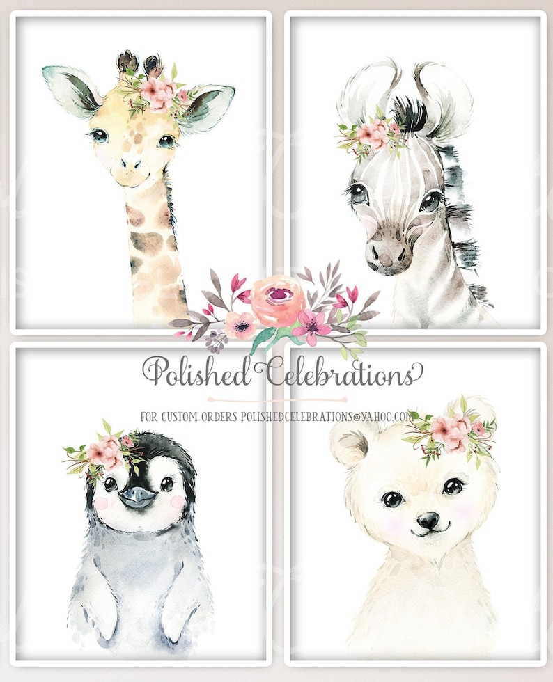 May include: Four watercolor illustrations of animals wearing flower crowns. A giraffe, zebra, penguin, and polar bear are featured. The illustrations are on a white background.