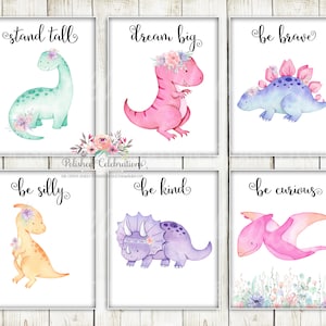 Boho Flower Dinosaur Nursery Art / Printable DIY Print Set / Dino Nursery Wall Art / Baby Girl Nursery / Girl Room Decor / Set of 6 Phrases
