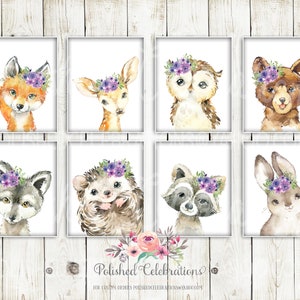 Purple Woodland Animal Nursery Art / Printable Nursery Set of 8 / Forest Animals / Lavender Flower Nursery Décor / Baby Girl Nursery Prints