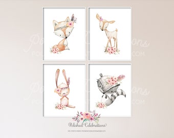 Boho Woodland Animals / Set of 4 Nursery Printable / DIY Prints Set / Baby Girl Nursery Décor / Blush Pink / Bohemian / Bedroom Wall Art