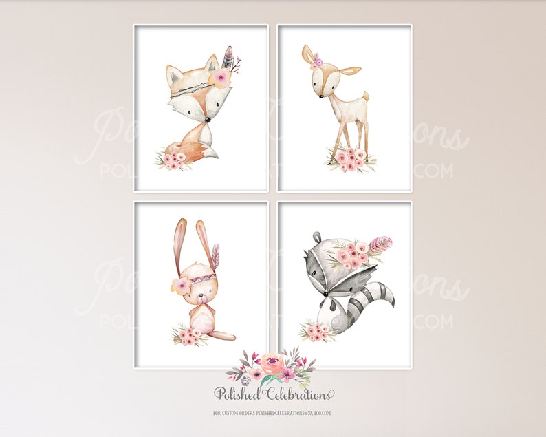Boho Woodland Animals / Set of 4 Nursery Printable / DIY Prints Set / Baby Girl Nursery Décor / Blush Pink / Bohemian / Bedroom Wall Art image 1