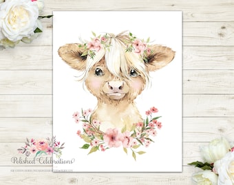 Blush Highland Cow / Printable Nursery Art / Blush Pink Flowers / Farm Calf Wall Décor / Baby Girl Nursery / Girl Bedroom / Boho Calf Print