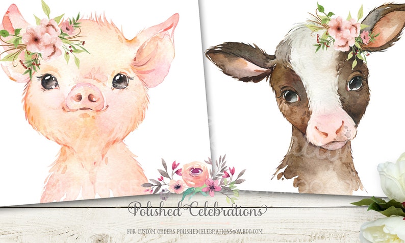 Blush Farm Animal Cow Set Printable Nursery Art Baby Girl Nursery Pink Flowers Boho Wall D\u00e9cor Bedroom Wall Art Cow Pig Duck