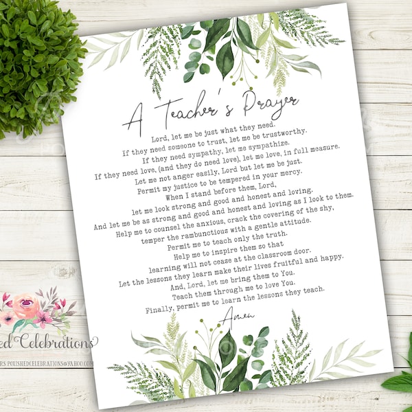 Teacher's Prayer Printable with Green Foliage - Heartfelt Gift for Educators - Teacher Appreciation Gift