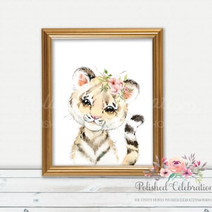 May include: A watercolor painting of a cute tiger cub wearing a pink flower crown. The tiger has brown and black stripes and big brown eyes. The background is white.