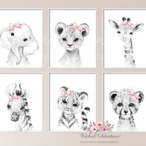 Blush Monochrome Safari Animal Nursery Art / Set of 6 Safari Printable Art / Zoo Animals / Pink Bow Nursery Decor / Baby Girl Nursery