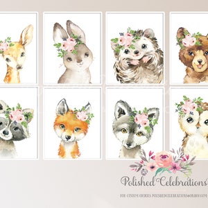 Blush Woodland Animal Set / Printable Nursery Art / Baby Girl Nursery Decor / Blush Pink Nursery Flowers / Set of 8 / Bedroom Wall Art