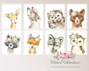 Blush Woodland Animal Set / Printable Nursery Art / Baby Girl Nursery Decor / Blush Pink Nursery Flowers / Set of 8 / Bedroom Wall Art