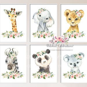 Conjunto de 6 arte de berçário de animais de safári / animais de zoológico de safári em blush para impressão / flores rosa blush / arte de berçário de menina / aquarela / A3 A4