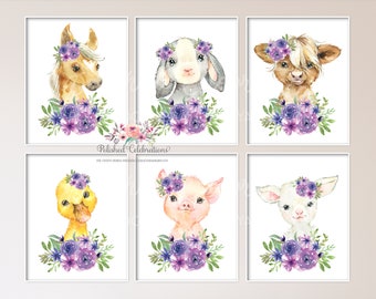 Boho Lavender Farm Animals / Printable Nursery Art / Baby Girl Nursery / Purple Lilac Flowers / Boho Farm Wall Decor / Bedroom Wall Art