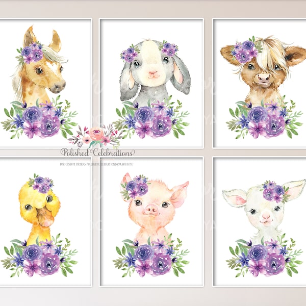 Boho Lavender Farm Animals / Printable Nursery Art / Baby Girl Nursery / Purple Lilac Flowers / Boho Farm Wall Decor / Bedroom Wall Art