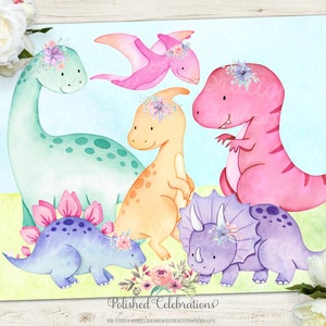 Girl Dinosaur Nursery Art / Dino Nursery Printable / Dino Animals Friends / Pink Purple Teal Flowers / Baby Girl Nursery / Boho Dinosaur