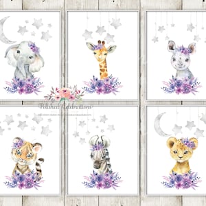 Celestial Lavender Safari Animal Nursery Art / Printable Wall Décor / Baby Girl Nursery / Jungle Animals / Lavender Purple Flowers / Stars