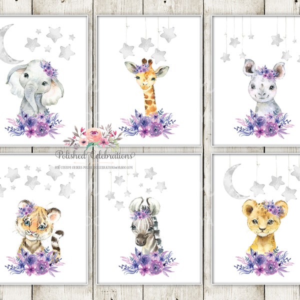 Celestial Lavender Safari Animal Nursery Art / Printable Wall Décor / Baby Girl Nursery / Jungle Animals / Lavender Purple Flowers / Stars