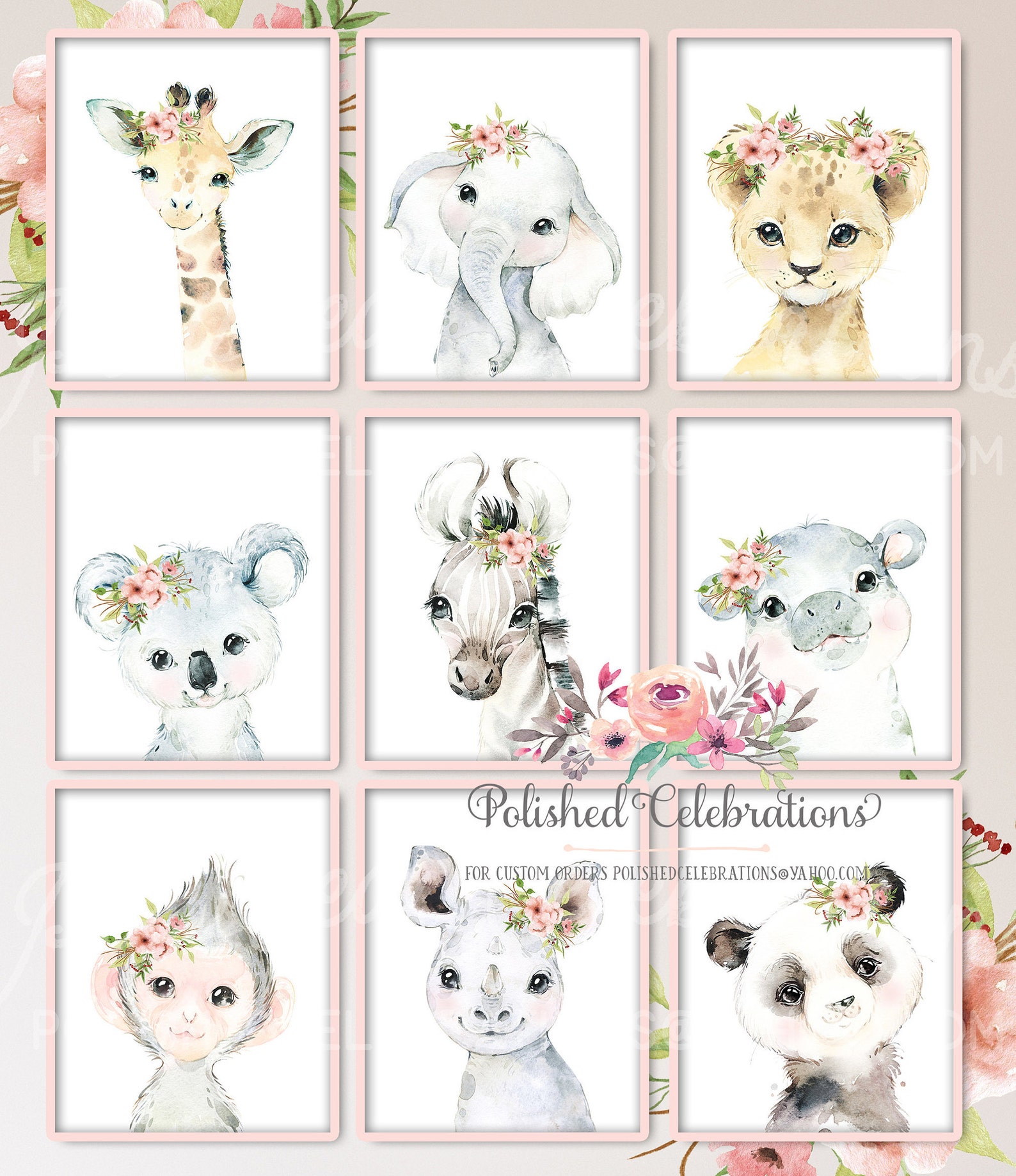 Blush Safari Animal Nursery Art / Set of 9 Safari Nursery Etsy