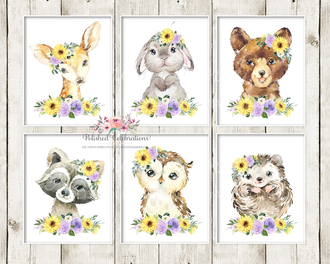 Sunflower Woodland Nursery Art / Printable Wall Decor / Purple Flowers ...
