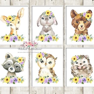 Sunflower Woodland Nursery Art / Printable Wall Decor / Purple Flowers / Boho Nursery DIY Prints / Baby Girl Nursery / Lilac Wall Art